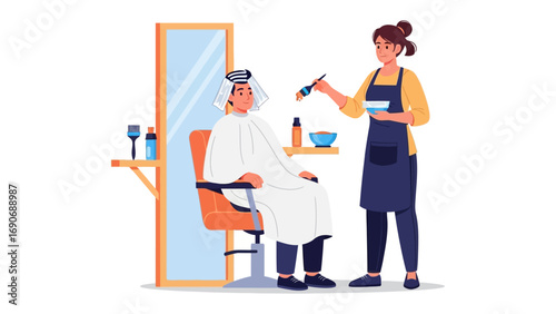 Stylist with apron applying product to client s hair in salon chair with mirror and styling tools nearby