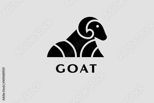 Monochrome ram-inspired emblem featuring a refined goat head silhouette perched on stylized curves — a minimalist vintage vector logo ideal for branding, farm, dairy, and outdoor adventure.