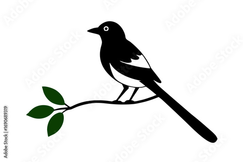 Minimal bird on branch icon in vector form: stylized silhouette of bird perched on leafy branch within circle, perfect as nature logo, symbol, or minimalist branding graphic.

