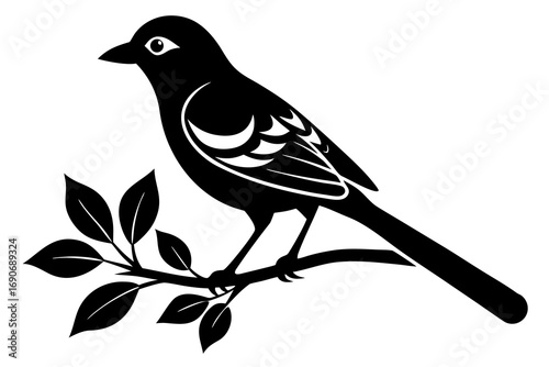 Minimal bird on branch icon in vector form: stylized silhouette of bird perched on leafy branch within circle, perfect as nature logo, symbol, or minimalist branding graphic.
