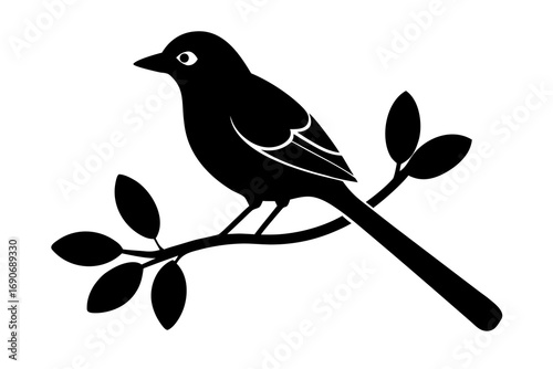 Minimal bird on branch icon in vector form: stylized silhouette of bird perched on leafy branch within circle, perfect as nature logo, symbol, or minimalist branding graphic.
