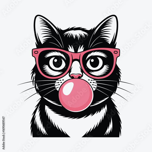 Stylish Black and White Cat Illustration with Pink Glasses and Bubble Gum, Fun and Playful Cartoon Animal Design, Quirky Art for Youthful and Trendy Graphic Content, Social Media, and Digital Design P