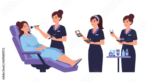 Professional makeup artists meticulously applying cosmetics and skincare products to a client in a beauty salon setting with various beauty tools and supplies