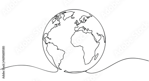 Continuous one-line drawing of planet Earth, a minimalist globe illustration symbolizing global unity and connection.