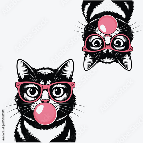 Stylish Black and White Cat Illustration with Pink Glasses and Bubble Gum, Fun and Playful Cartoon Animal Design, Quirky Art for Youthful and Trendy Graphic Content, Social Media, and Digital Design P