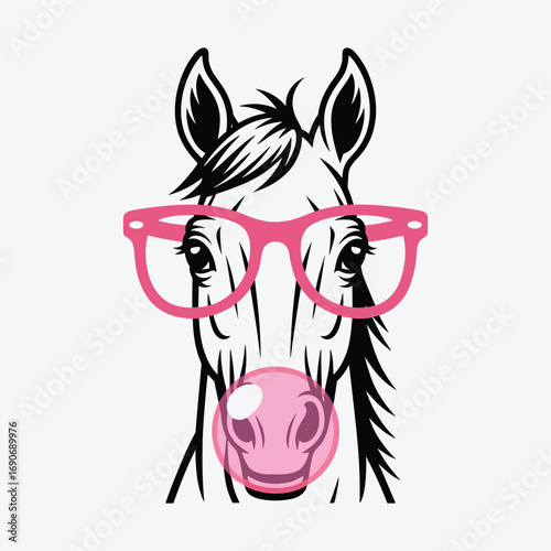 Stylish Horse Illustration with Pink Glasses and Bubble Gum, Fun and Quirky Animal Drawing for Modern and Trendy Designs, Perfect for Youthful and Playful Themes in Digital Art, Graphic Design, and So