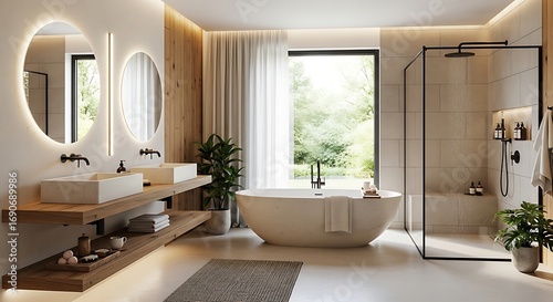 Serene contemporary bathroom interior with a freestanding tub and a scenic view of nature