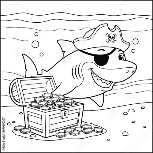 Adorable Pirate Shark with Treasure Chest - Fun Cartoon Ocean Adventure Coloring Page