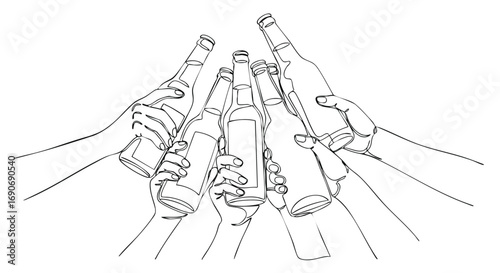 A continuous line drawing of multiple hands toasting with beer bottles in a celebratory gesture.