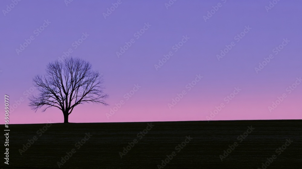Obraz premium Minimalist silhouette of a single tree against a gradient sky with ample negative space.