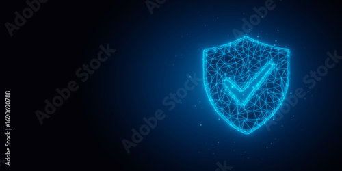 Tableau sur toile Blue glowing wireframe protection shield with checkmark on black background with