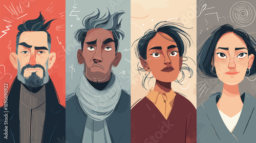 Four distinct portraits depict individuals with unique hairstyles and expressions. Each character displays a different emotional state, reflecting diversity in style and personality.