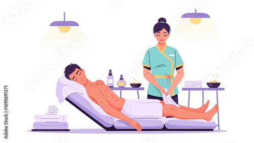 Professional aesthetician performing a relaxing spa treatment on a male client lying on a massage table with soft lighting