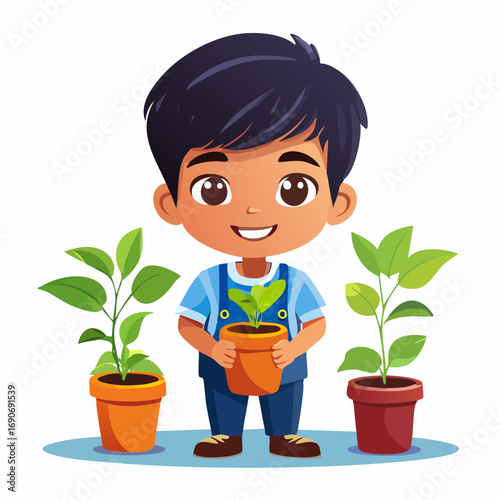 Vibrant illustration of a happy young boy tending to green plants in pots, isolated on white. Captures childhood joy, gardening, and nature's growth