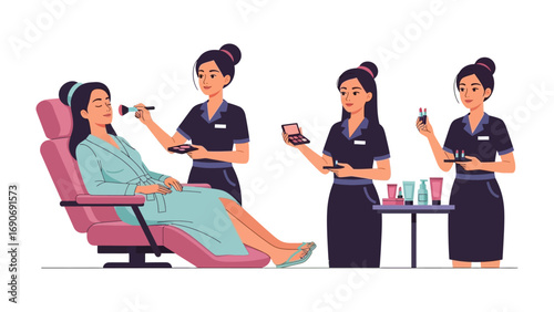 Professional makeup artists applying cosmetics to a woman relaxing in a salon chair showcasing beauty treatments and skincare services