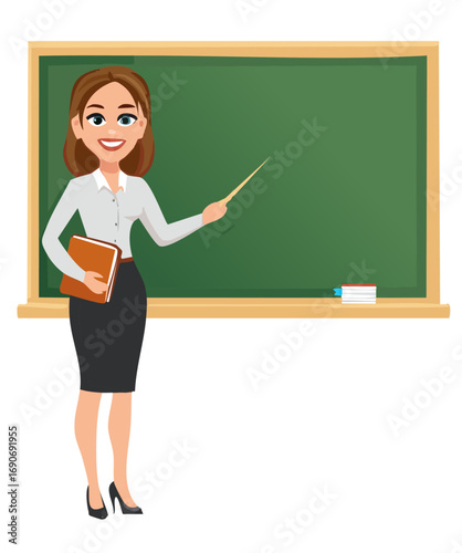 Female teacher are explaining lesson at blackboard in her classroom