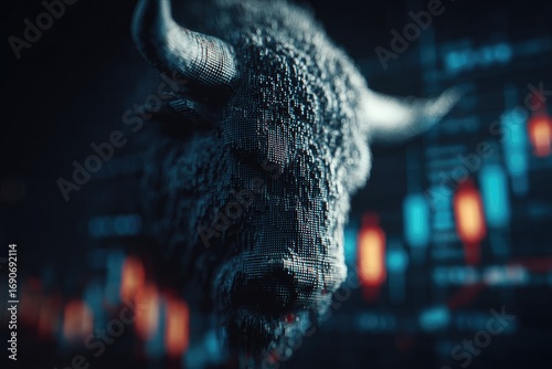 Close-up bull head, digital art, financial data