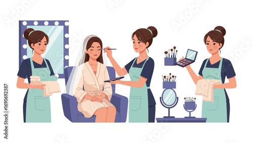 A professional makeup artist meticulously applying makeup to a bride in a beauty salon showcasing the transformation process and artistry involved in bridal beauty