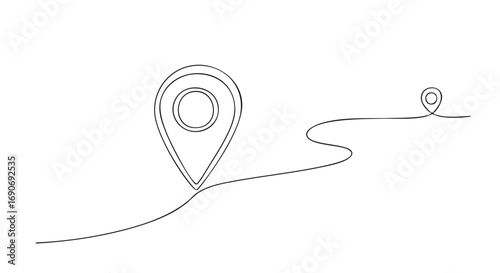 A continuous one-line drawing of a path with a large starting location pin and a smaller destination marker.