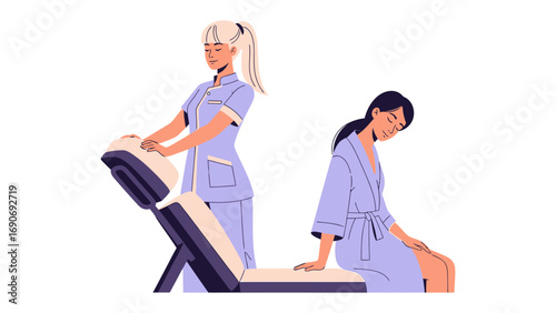 Female medical professional in uniform attending to a seated female patient in a consultation room with medical equipment