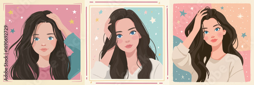 Three portraits feature young women with long, dark hair against vibrant pastel backgrounds. Each woman displays a unique expression while touching her hair, exuding confidence and charm.