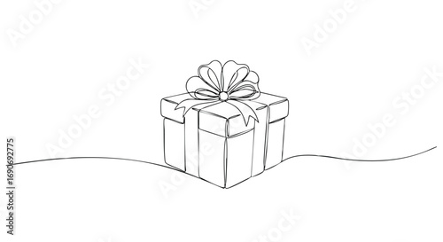 A minimalist line drawing of a gift box with a ribbon and bow, resting on a wavy line.