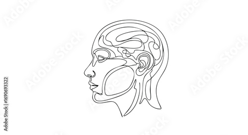A continuous one-line drawing of a human head in profile, revealing an abstract representation of the brain inside.
