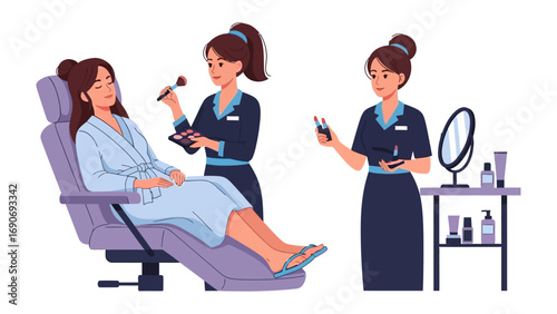 Two professional makeup artists applying cosmetics to a seated woman in a salon chair with beauty products and mirror on a trolley