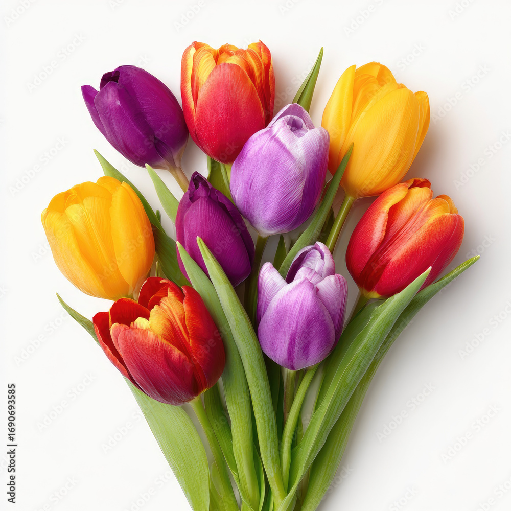 Fototapeta premium Colorful tulip bouquet with vibrant petals on white background