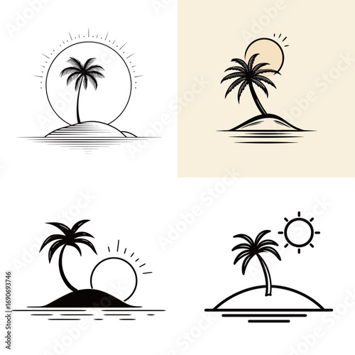 Four minimalist illustrations depict palm trees on islands with sun settings, showcasing different styles and arrangements, perfect for design inspiration or tropical themes.