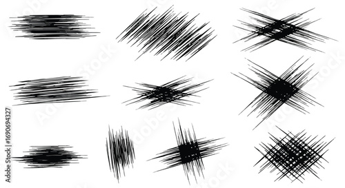 Set of nine isolated black scribble and scratch mark textures on a white background, showing various abstract hatching patterns.