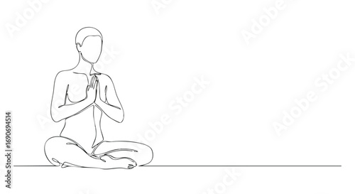 A minimalist line drawing of a person meditating in a lotus position with hands pressed together in front of their chest.