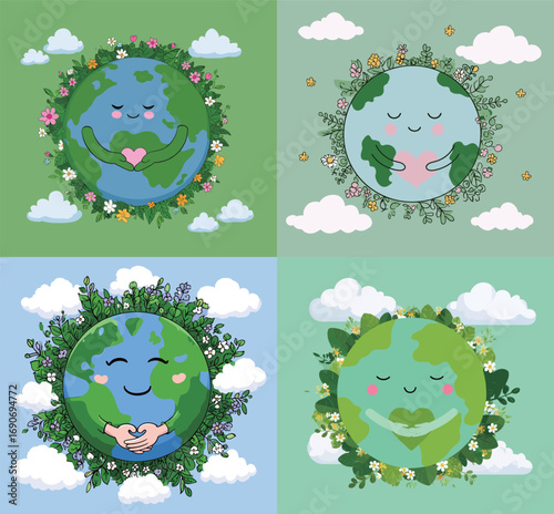 Four cartoon Earth illustrations showcase diverse expressions of love for nature. Each Earth character is nestled among flowers, leaves, and clouds, conveying a message of environmental care.