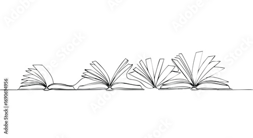 Continuous line art drawing of four open books.