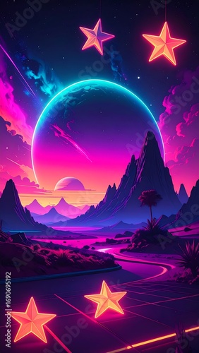 Neon landscape with stars and planets