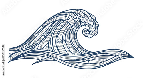 Stylized blue ocean wave with intricate details and swirling foam.