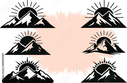 Mountain silhouettes with sunburst rays. New sun, new day, new hope, new life and new targets. Editable, EPS 10.