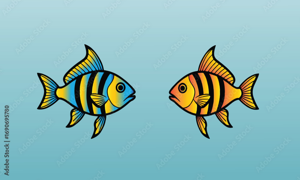 Fototapeta premium Cartoon set of cute sea fish isolated on dark background. Vector illustration of ocean or marine underwater animal characters with funny big eyes and smiles. Colorful tropical coral reef inhabitants