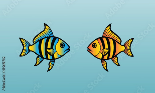 Cartoon set of cute sea fish isolated on dark background. Vector illustration of ocean or marine underwater animal characters with funny big eyes and smiles. Colorful tropical coral reef inhabitants