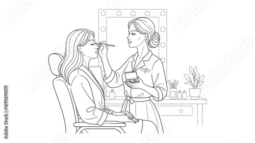 Professional makeup artist applying eye shadow to a young woman in a salon chair with beauty products on a table