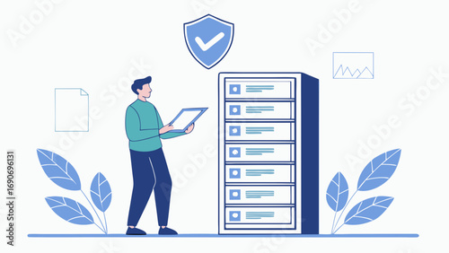 Data security person reviewing files on tablet next to server rack with shield icon.
