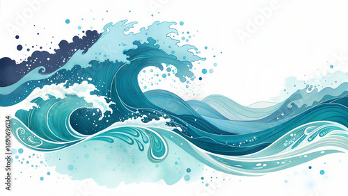 Abstract Blue Ink Splashes and Waves in Turquoise and Navy on White Background