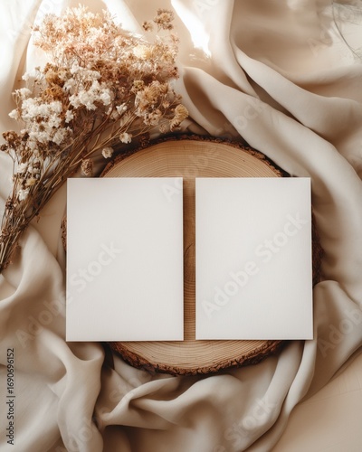 Blank paper cards with dried flower decoration on wooden plate for wedding invitation design photography stock

