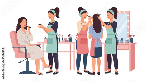 Diverse group of aspiring makeup artists practicing cosmetic application techniques on a model in a beauty school setting