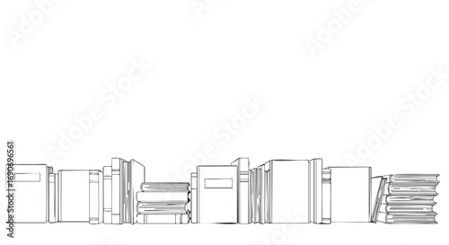 Line drawing of a row of bookshelves filled with books.