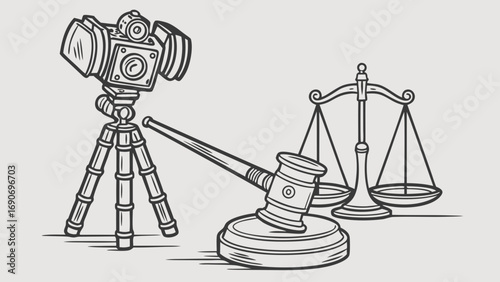 Filmmaking and Justice Camera on Tripod with Gavel and Scales of Justice Illustration.