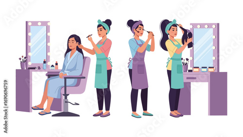 Diverse group of women working as stylists in a modern hair salon with mirrors and styling stations
