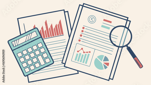 Financial Documents Calculator Magnifying Glass Business Analysis Data Charts Graphs Reports Statistics Accounting Investment Finance Planning Strategy Budgeting Economics Market Research Infographic.