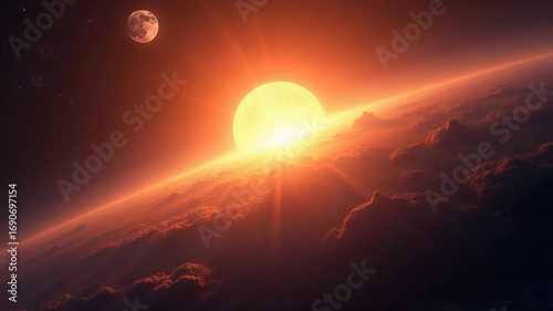 A mesmerizing sunrise in the vast expanse of space, where the sun and moon coexist in harmony, casting radiant light across the galaxy and illuminating the stars.