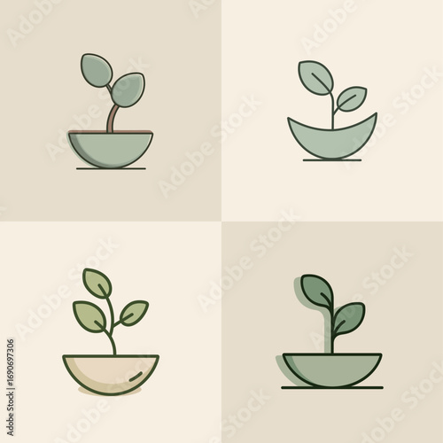 Four unique illustrations of plants in minimalist pots showcase different styles and variations. Ideal for home decor and design inspiration in modern spaces.